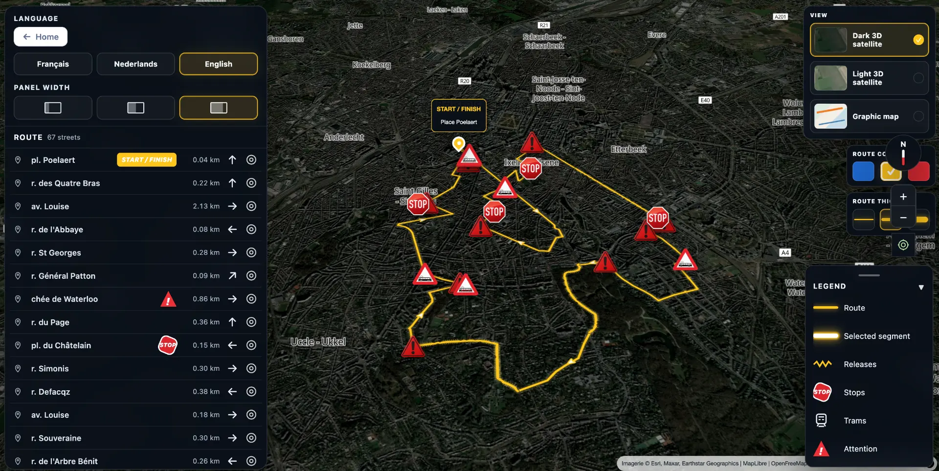 Combined live map of a Brussels event route with stops, tram crossings and street list